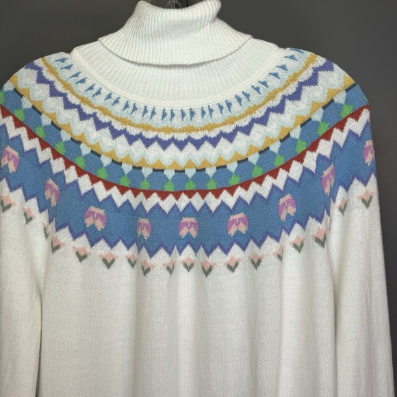 LL Bean Sweater Women L White Cotton Cashmere Fair Isle Turtleneck‎ - Picture 1 of 4